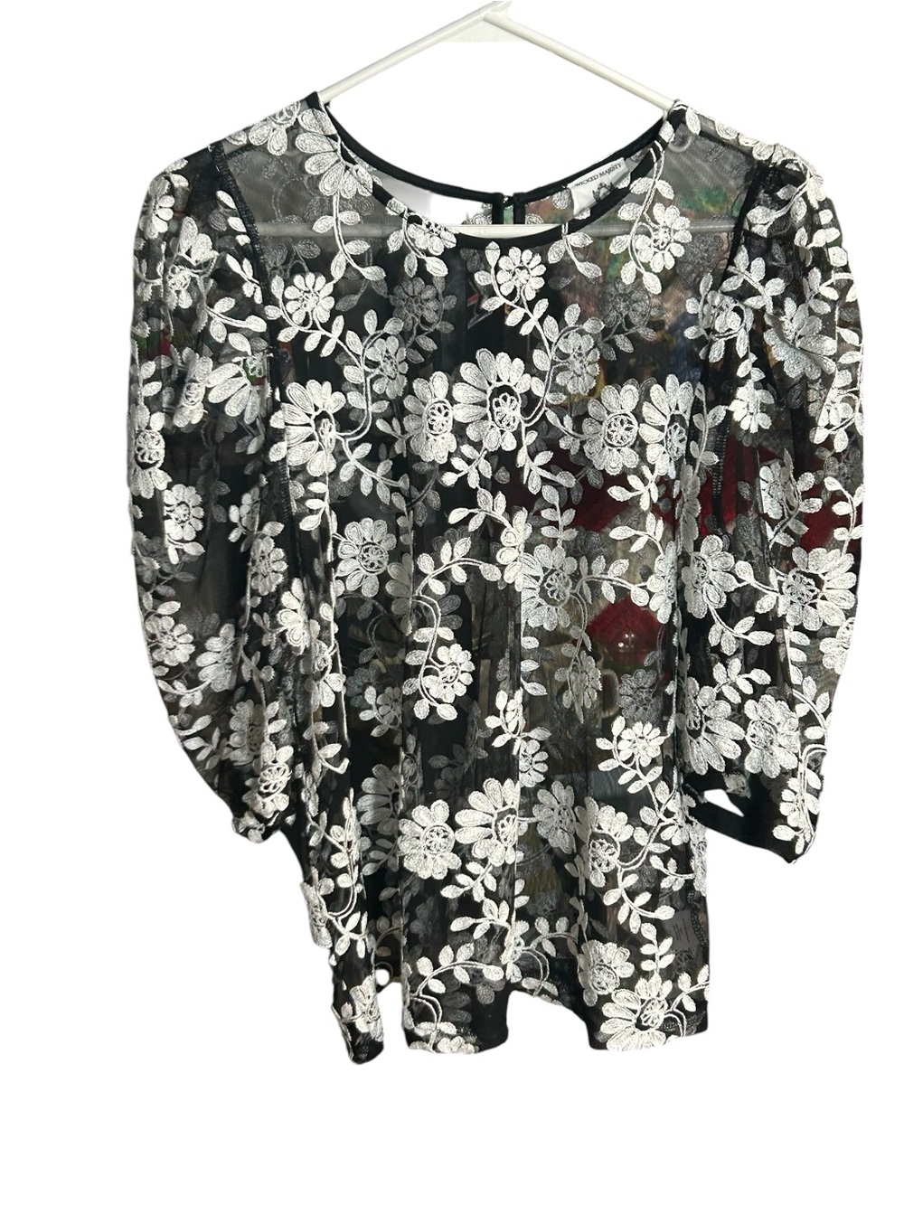 Wicked Majesty Black Sheer Floral Lace Blouse with White Embroidery